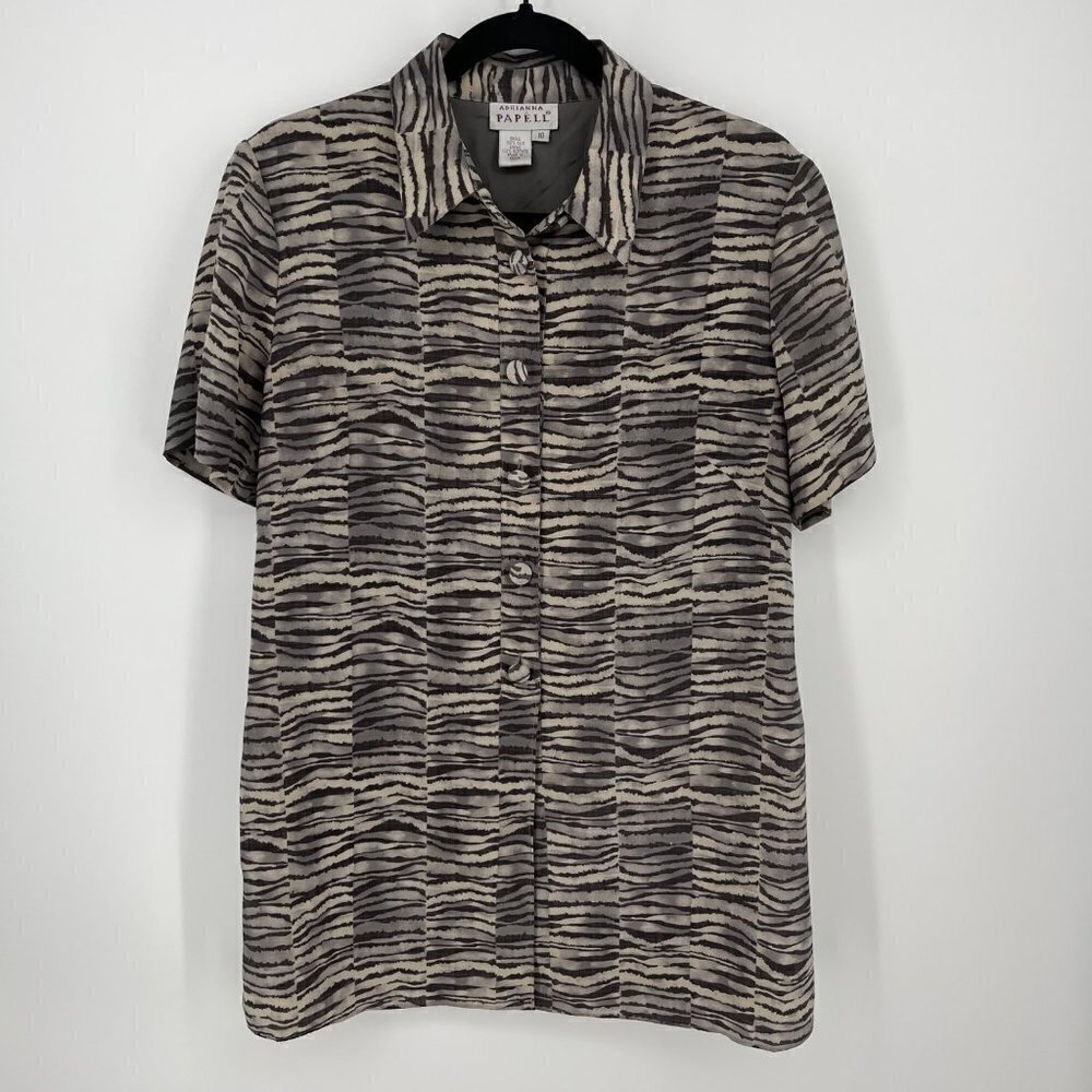 Adrianna Papell Button Front Silk Tunic Top Shirt Size 10 Animal Print Lined